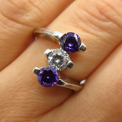 925 Sterling Silver White & Amethyst-Tone C Z 3-Stone Bypass Ring Size 7