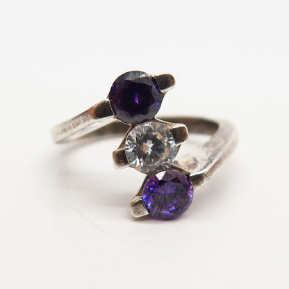 925 Sterling Silver White & Amethyst-Tone C Z 3-Stone Bypass Ring Size 7