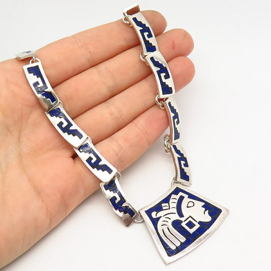 925 Sterling Vintage Mexico Lapis Lazuli Gem Inlay Tribal God Chain Necklace 16"