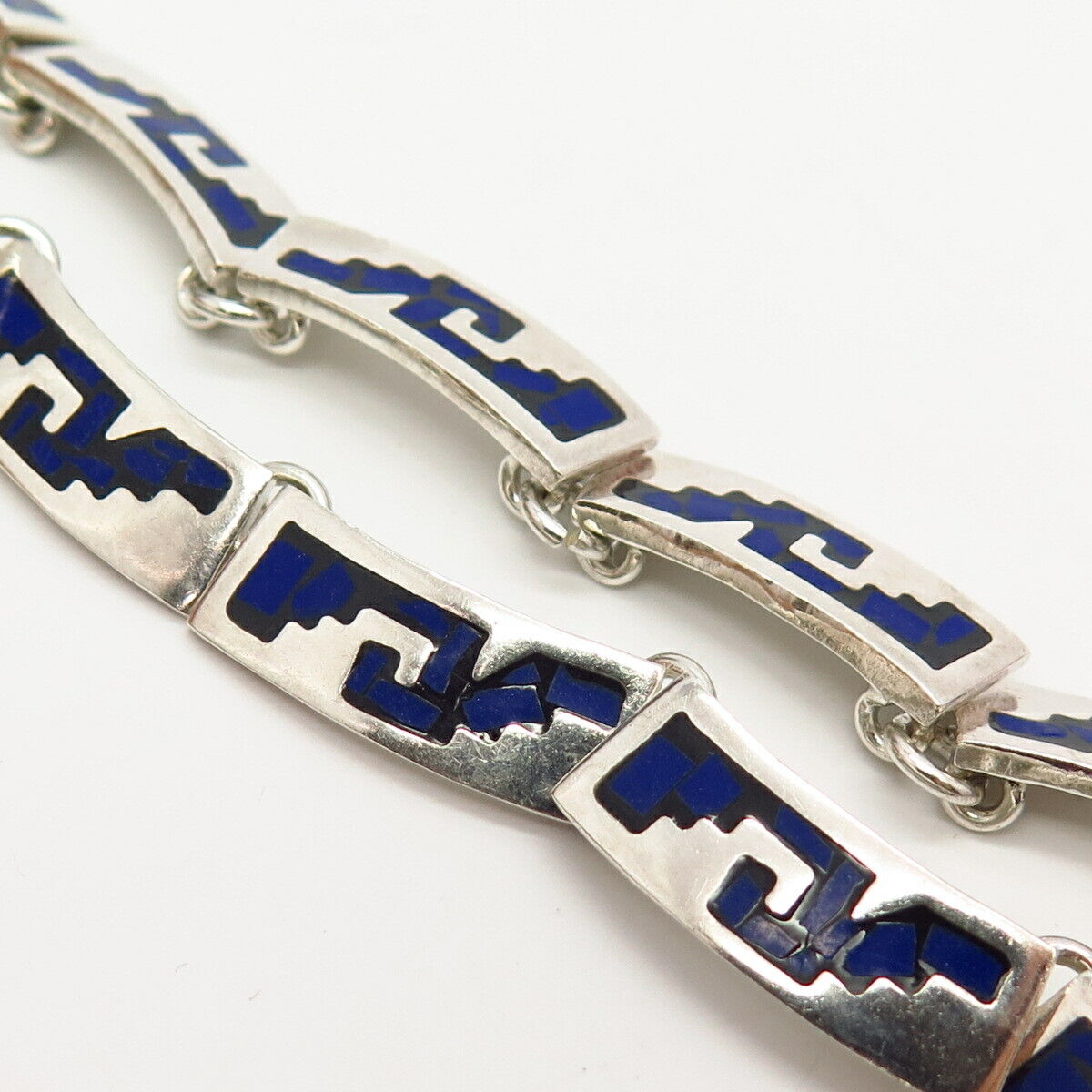 925 Sterling Vintage Mexico Lapis Lazuli Gem Inlay Tribal God Chain Necklace 16"