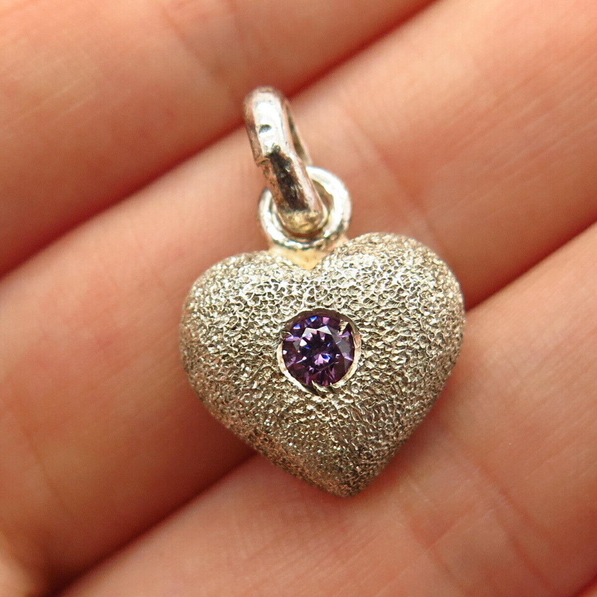 925 Sterling Silver Amethyst-Tone C Z Textured Heart Design Pendant