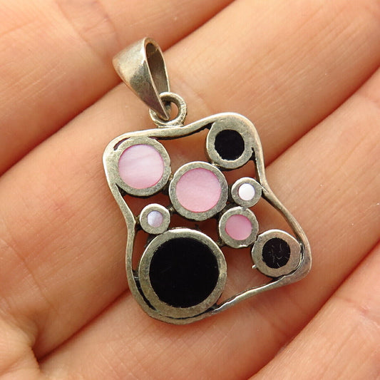 925 Sterling Silver Pink Mother-of-Pearl & Black Enamel Bubbles Design Pendant