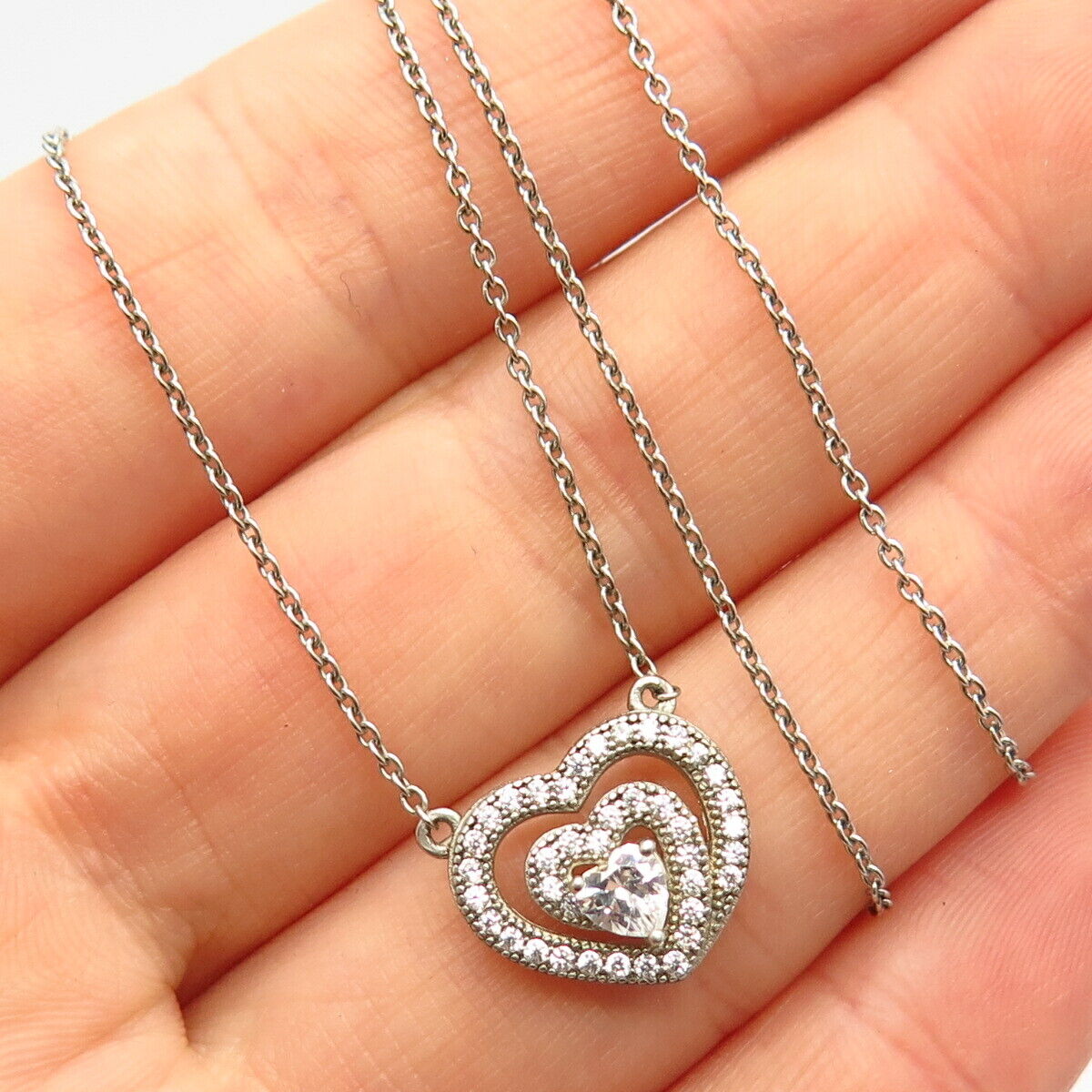 925 Sterling Silver C Z Heart Shape Rolo Chain Necklace 18"