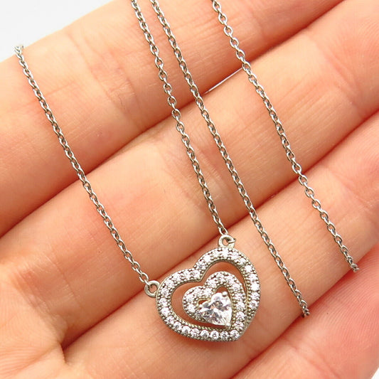 925 Sterling Silver C Z Heart Shape Rolo Chain Necklace 18"