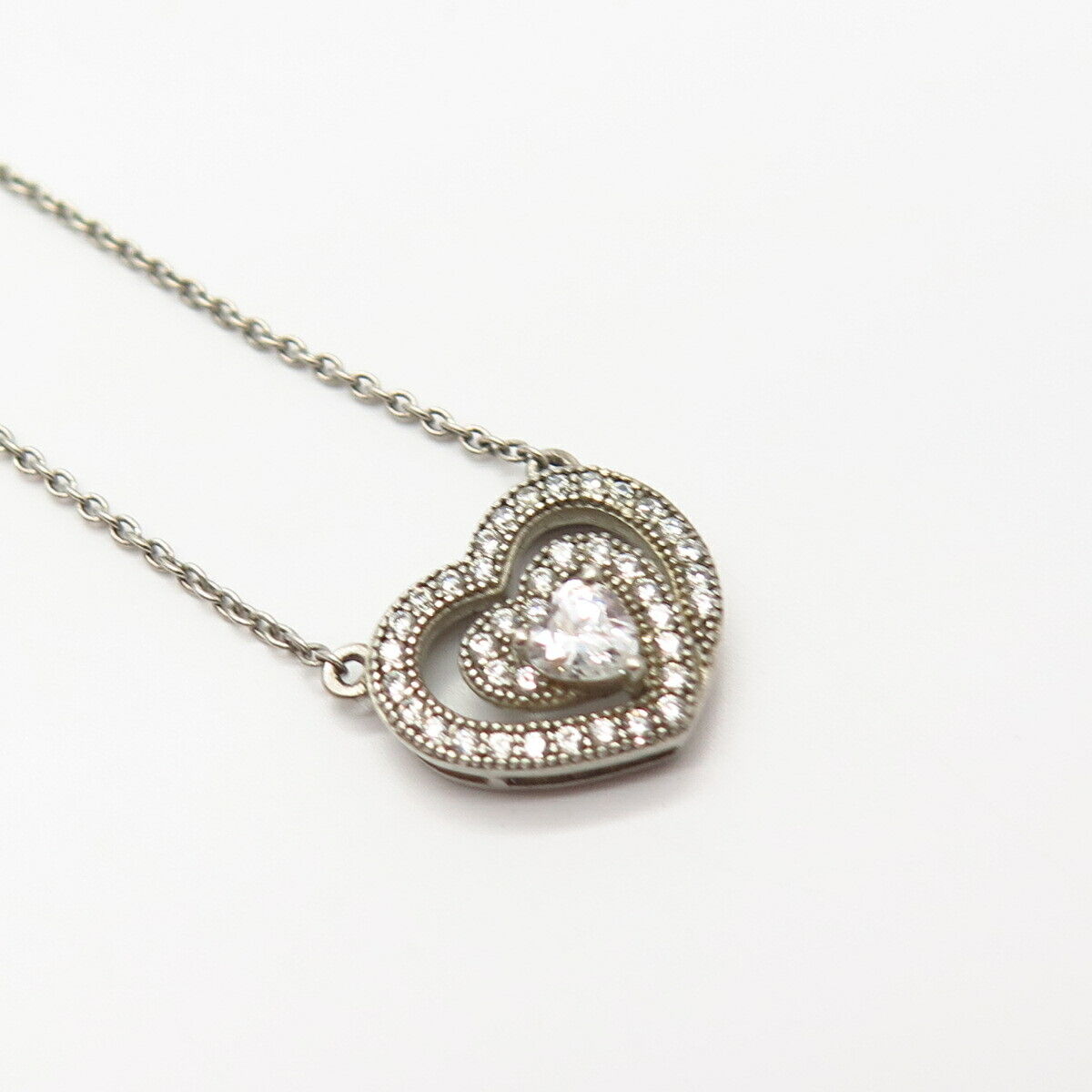 925 Sterling Silver C Z Heart Shape Rolo Chain Necklace 18"