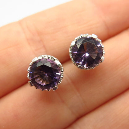 925 Sterling Silver Amethyst-Tone C Z Stud Earrings