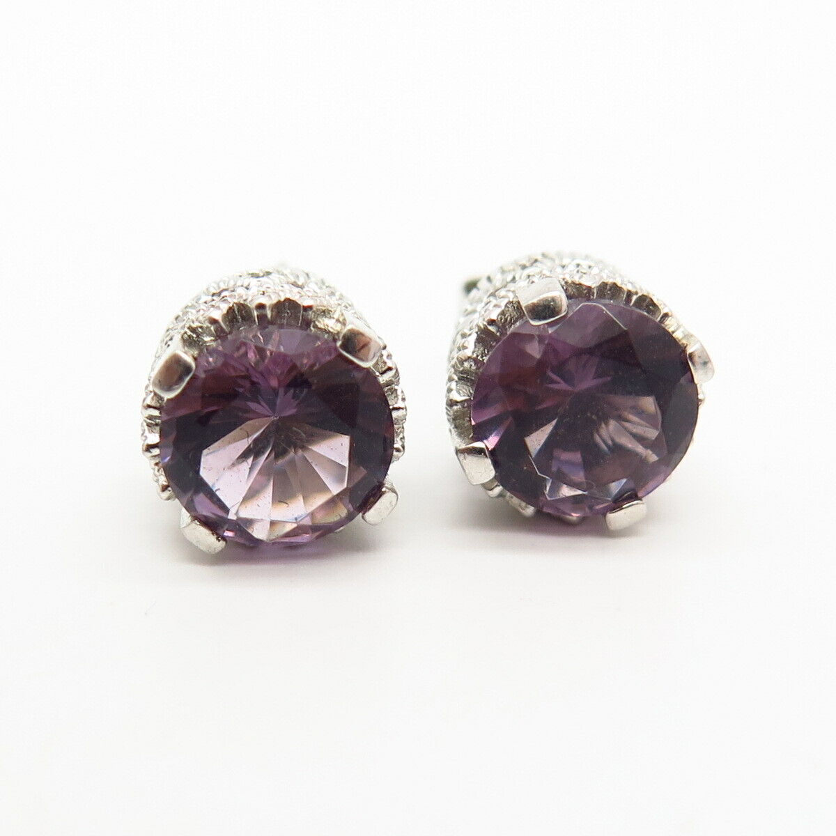 925 Sterling Silver Amethyst-Tone C Z Stud Earrings