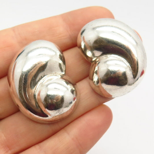 925 Sterling Silver Vintage Mexico Puffy Design Hollow Clip On Earrings