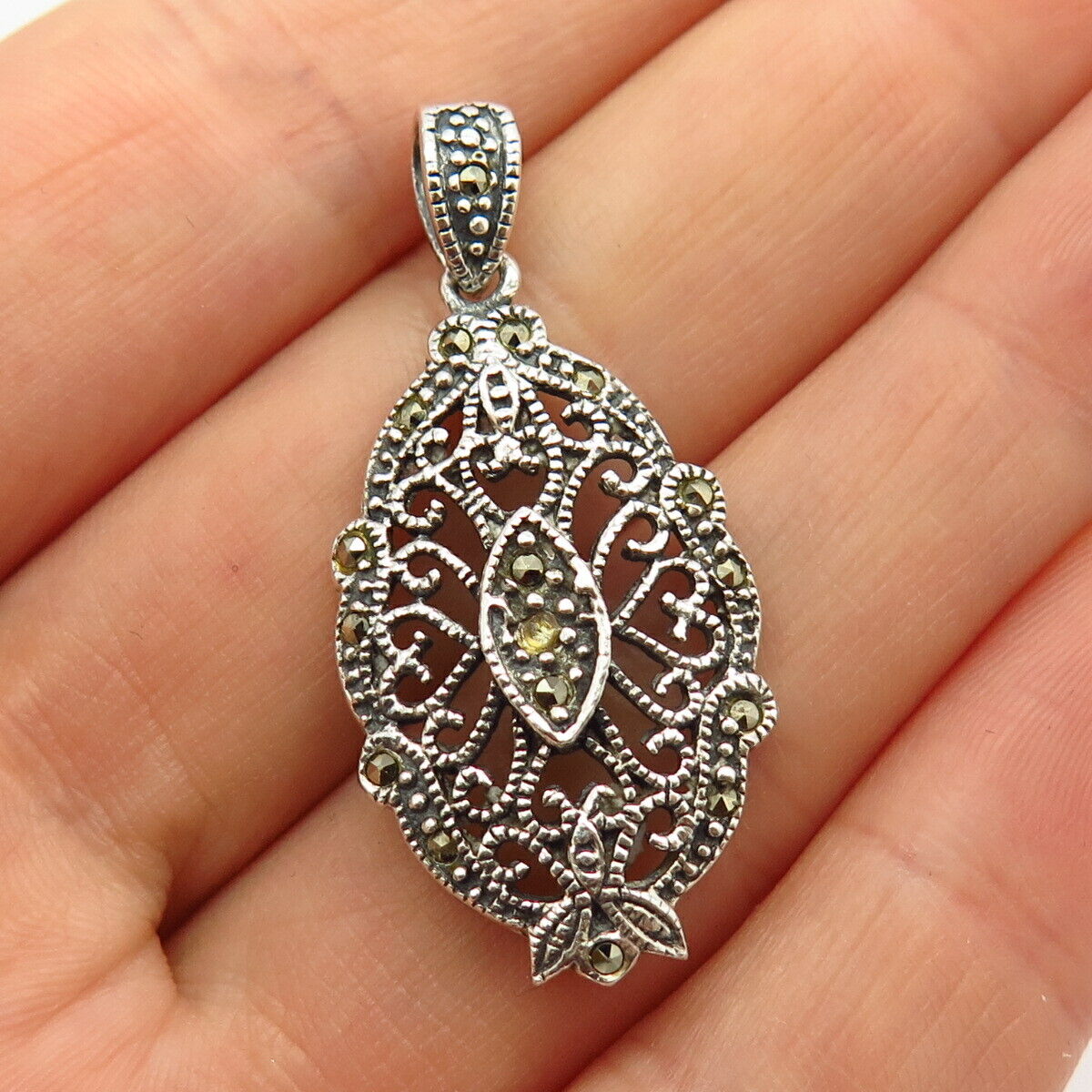 925 Sterling Silver Real Marcasite Gem Ornate Design Pendant