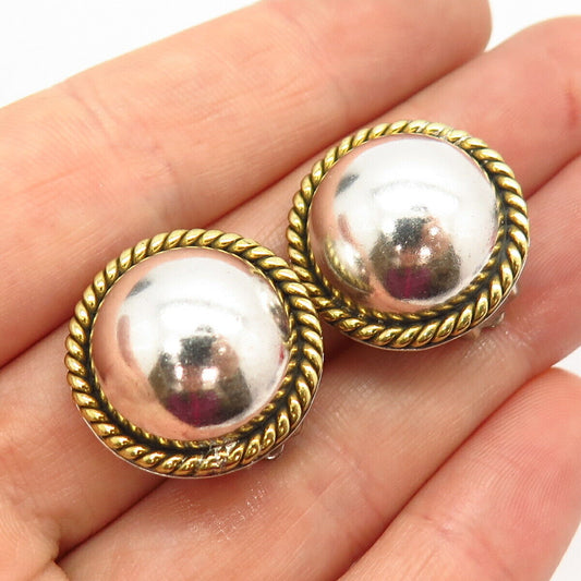 925 Sterling Silver 2-Tone Vintage Mexico Domed Round Design Clip On Earrings