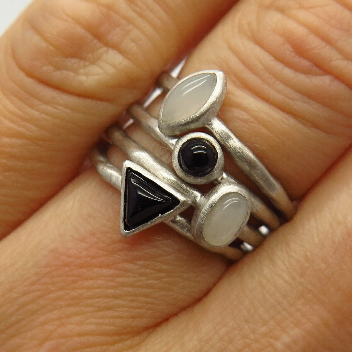 925 Sterling Silver Real Milky Quartz & Black Onyx Gem Set Of 4 Rings