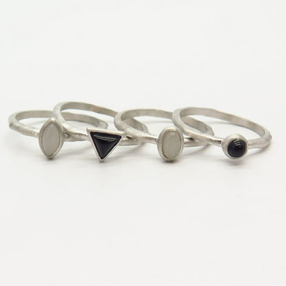 925 Sterling Silver Real Milky Quartz & Black Onyx Gem Set Of 4 Rings