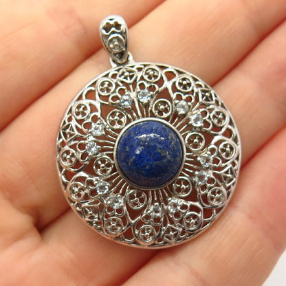 925 Sterling Silver Real Blue Topaz & Lapis Lazuli Gem Round Pendant