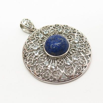 925 Sterling Silver Real Blue Topaz & Lapis Lazuli Gem Round Pendant