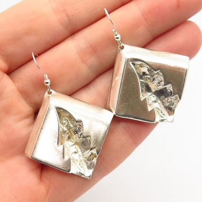 925 Sterling Silver Carved Modernist Design Dangling Earrings