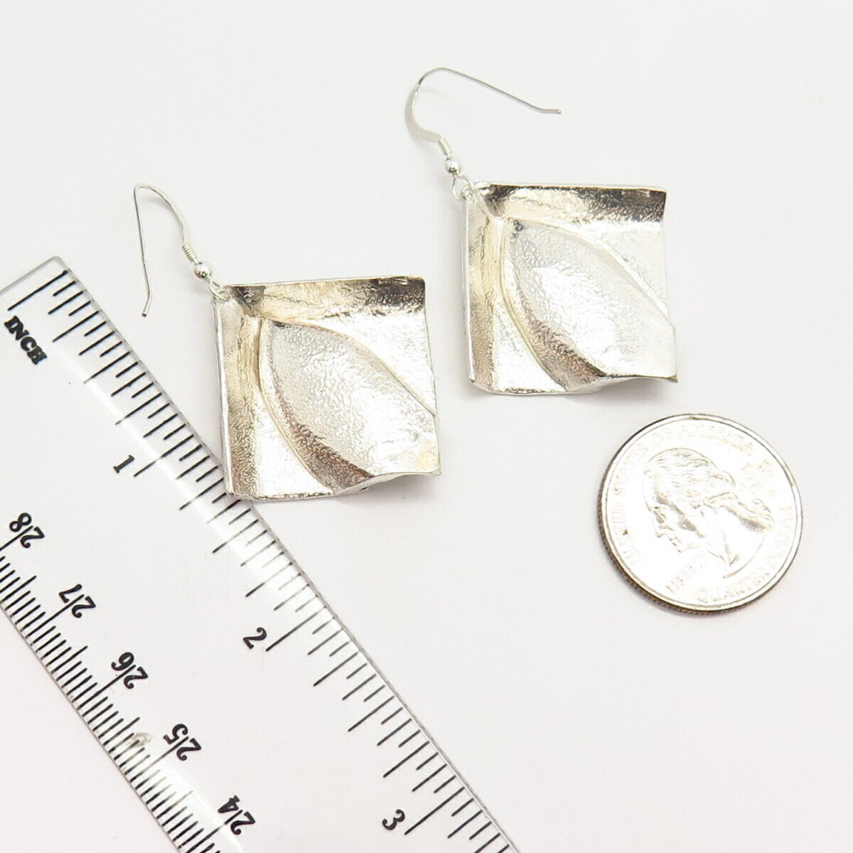 925 Sterling Silver Carved Modernist Design Dangling Earrings