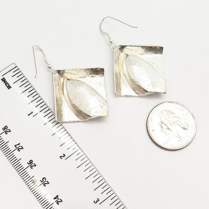 925 Sterling Silver Carved Modernist Design Dangling Earrings