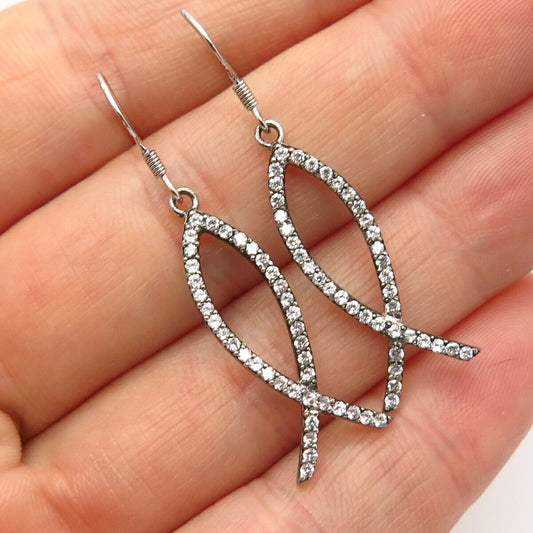 925 Sterling Silver Pave C Z Ichthys Fish Dangling Earrings