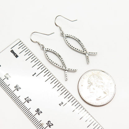 925 Sterling Silver Pave C Z Ichthys Fish Dangling Earrings