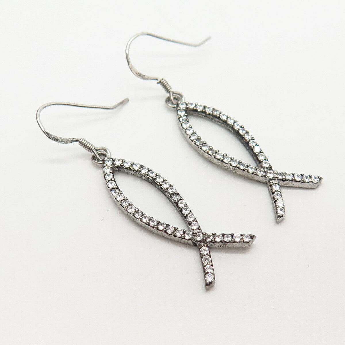 925 Sterling Silver Pave C Z Ichthys Fish Dangling Earrings