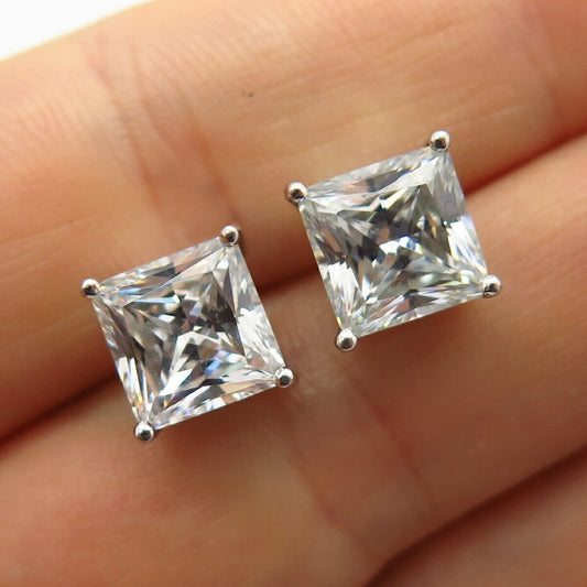 925 Sterling Silver Large C Z Princess-Cut Stud Earrings