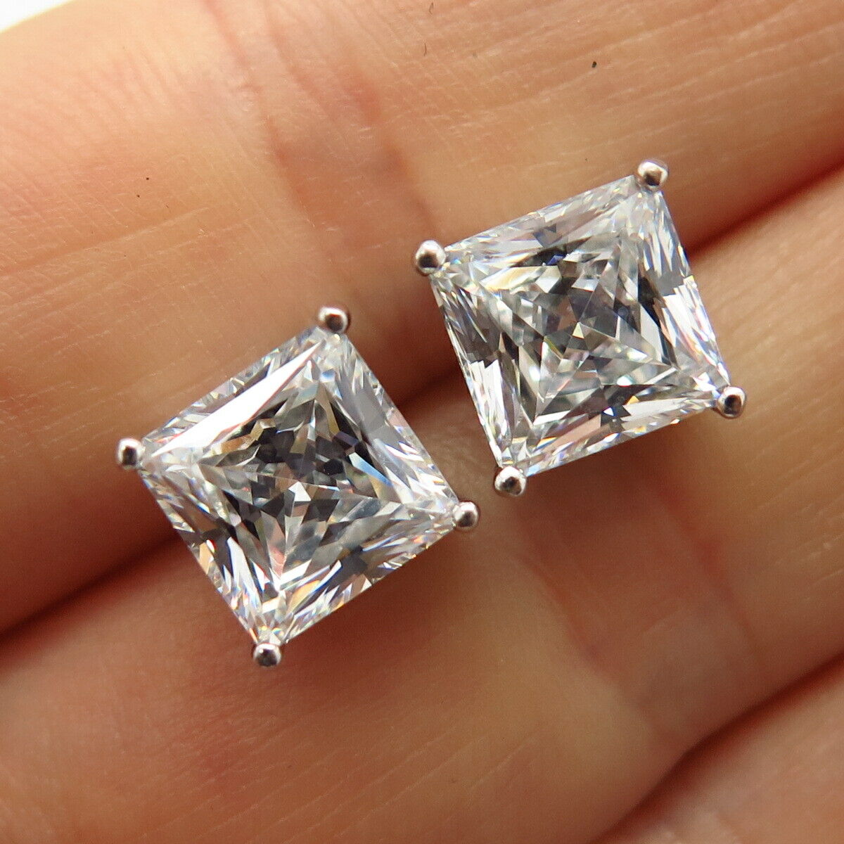 925 Sterling Silver Large C Z Princess-Cut Stud Earrings