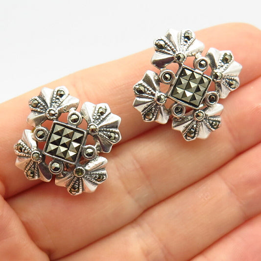 925 Sterling Silver Vintage Mexico Real Marcasite Gem Floral Clip On Earrings