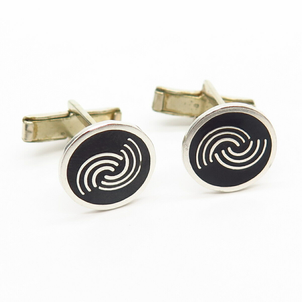 925 Sterling Silver Vintage Mexico Enamel Round Cufflinks