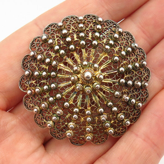 800 Silver Gold Plated Antique Filigree &  Cannetille Floral Design Pin Brooch