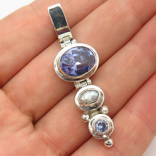 925 Sterling Silver Lavender & Cornflower C Z Baroque Pearl Slide Pendant