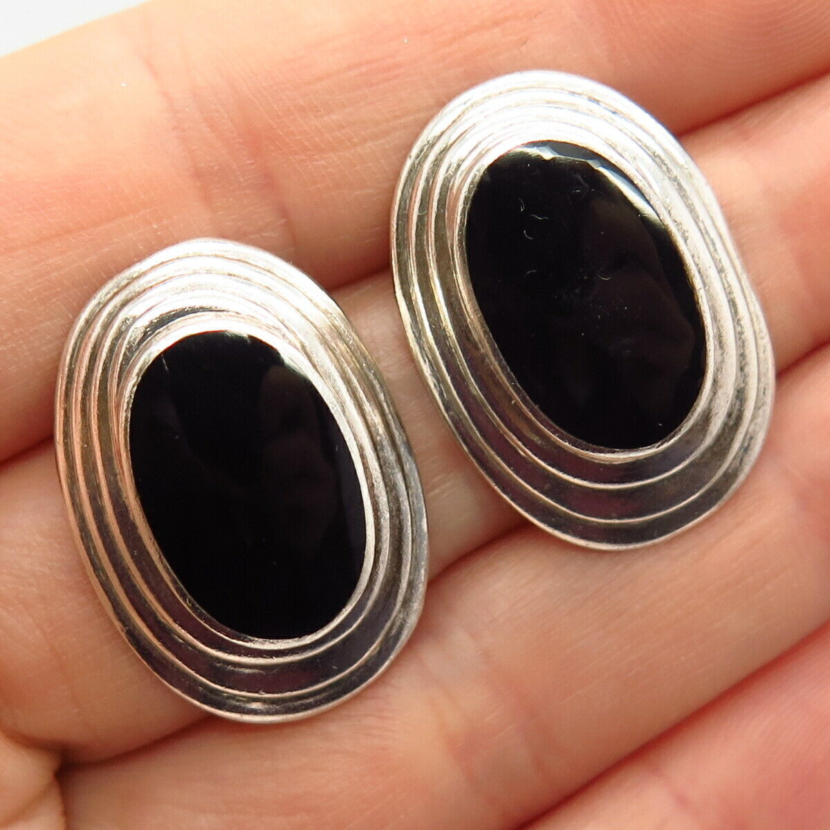 925 Sterling Silver Real Black Onyx Gemstone Oval Earrings