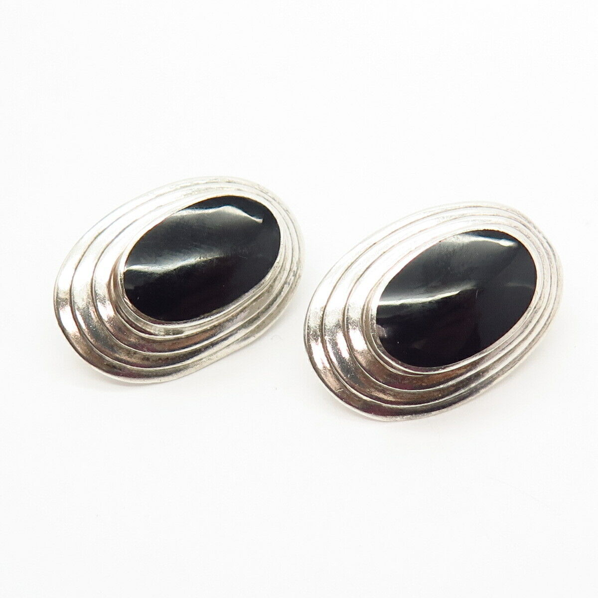 925 Sterling Silver Real Black Onyx Gemstone Oval Earrings