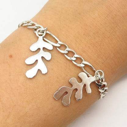 925 Sterling Silver Italy Leaf Charm Figaro Link Bracelet 7 3/4"