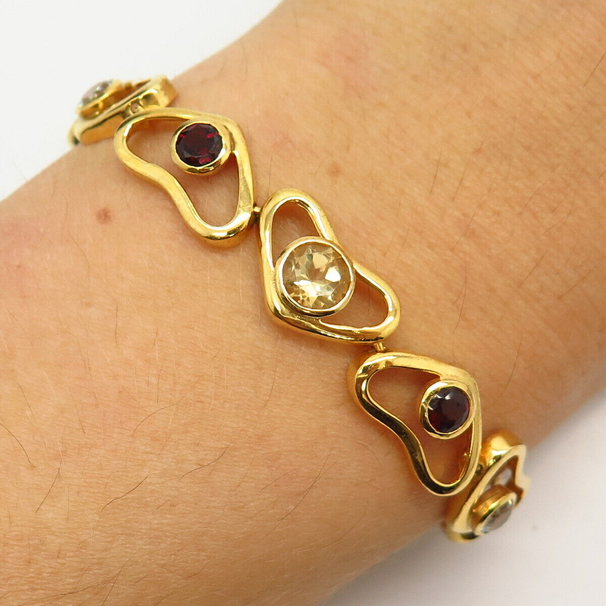 925 Sterling Gold Plated Blue Topaz Garnet Citrine Heart Link Bracelet 6 3/4"