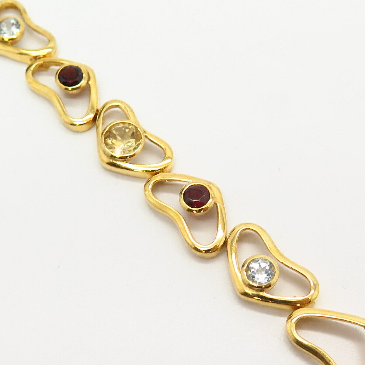 925 Sterling Gold Plated Blue Topaz Garnet Citrine Heart Link Bracelet 6 3/4"