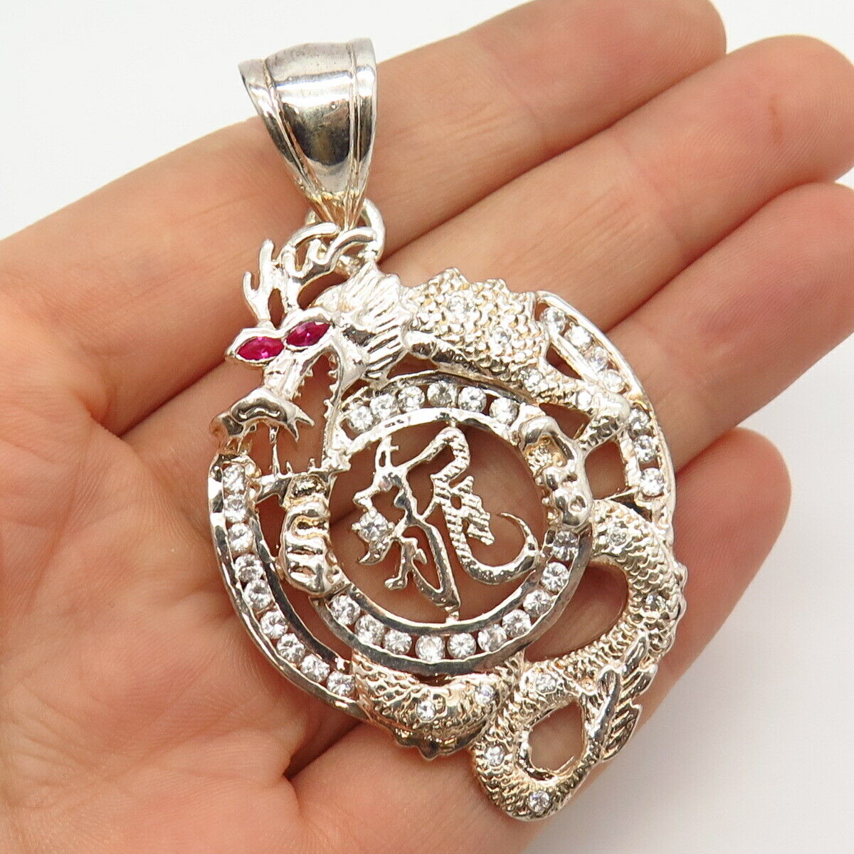 925 Sterling Silver White & Pink C Z Chinese Fortune & Dragon Pendant