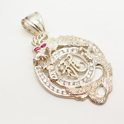 925 Sterling Silver White & Pink C Z Chinese Fortune & Dragon Pendant