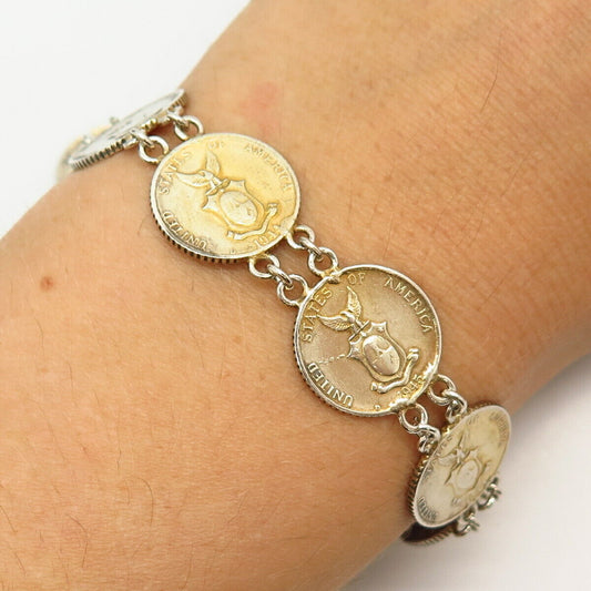 750 / 925 Sterling Silver Vintage 1941 10 Centavos Coin Link Bracelet 6.5"