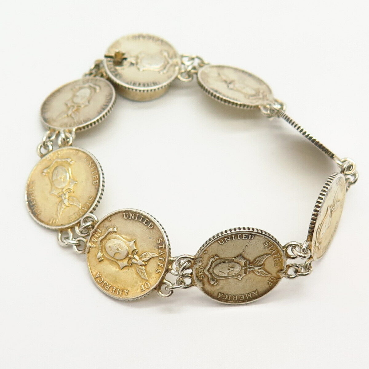 750 / 925 Sterling Silver Vintage 1941 10 Centavos Coin Link Bracelet 6.5"