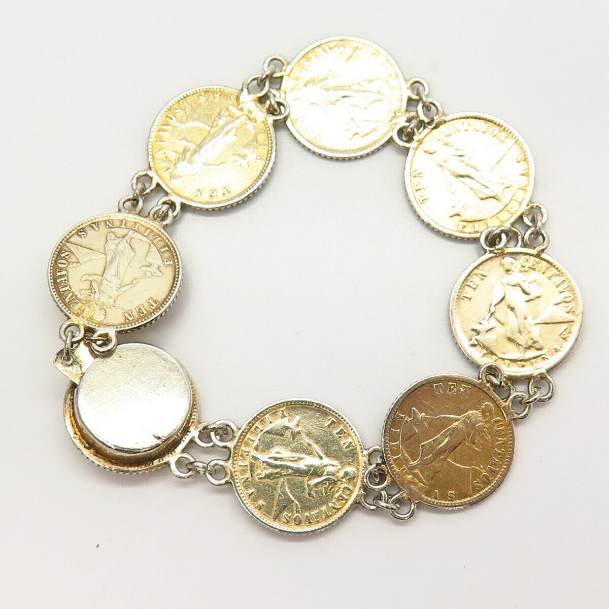 750 / 925 Sterling Silver Vintage 1941 10 Centavos Coin Link Bracelet 6.5"