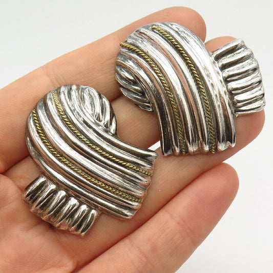 925 Sterling Silver 2-Tone Vintage Mexico Hollow Ribbed Ribbon Clip On Earrings