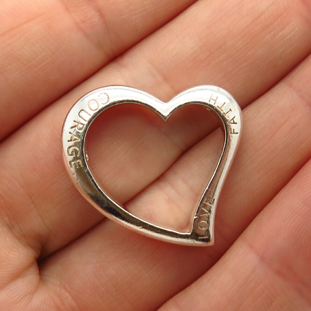 925 Sterling Silver "Love / Courage / Faith" Open Heart Slide Pendant