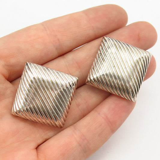 925 Sterling Silver Vintage Mexico Stripped Square Design Clip On Earrings