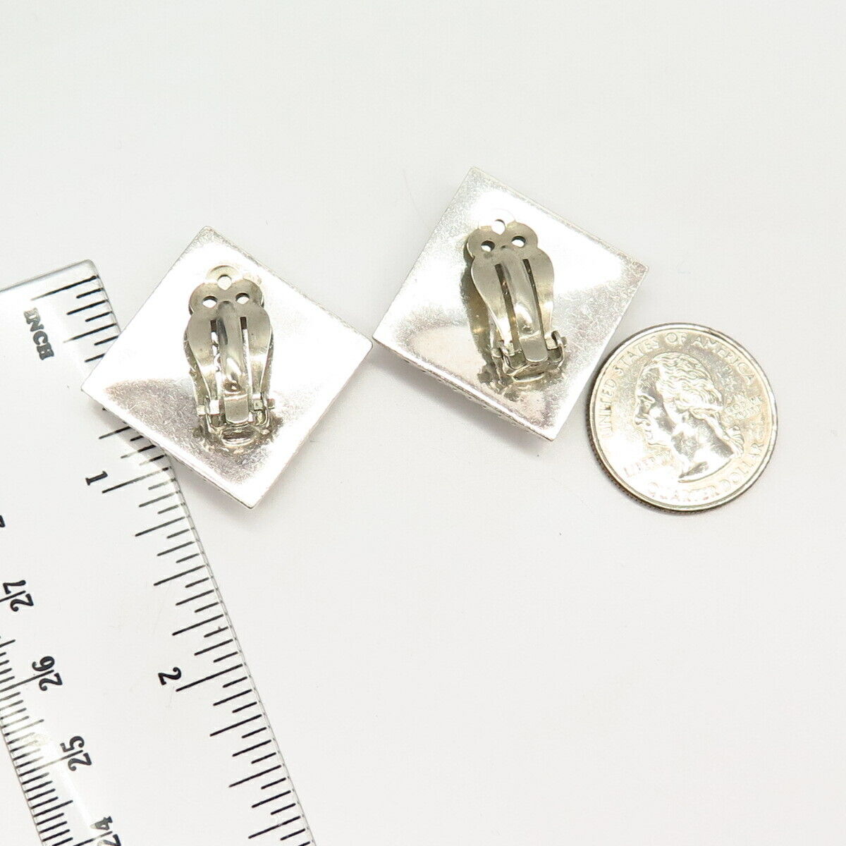 925 Sterling Silver Vintage Mexico Stripped Square Design Clip On Earrings