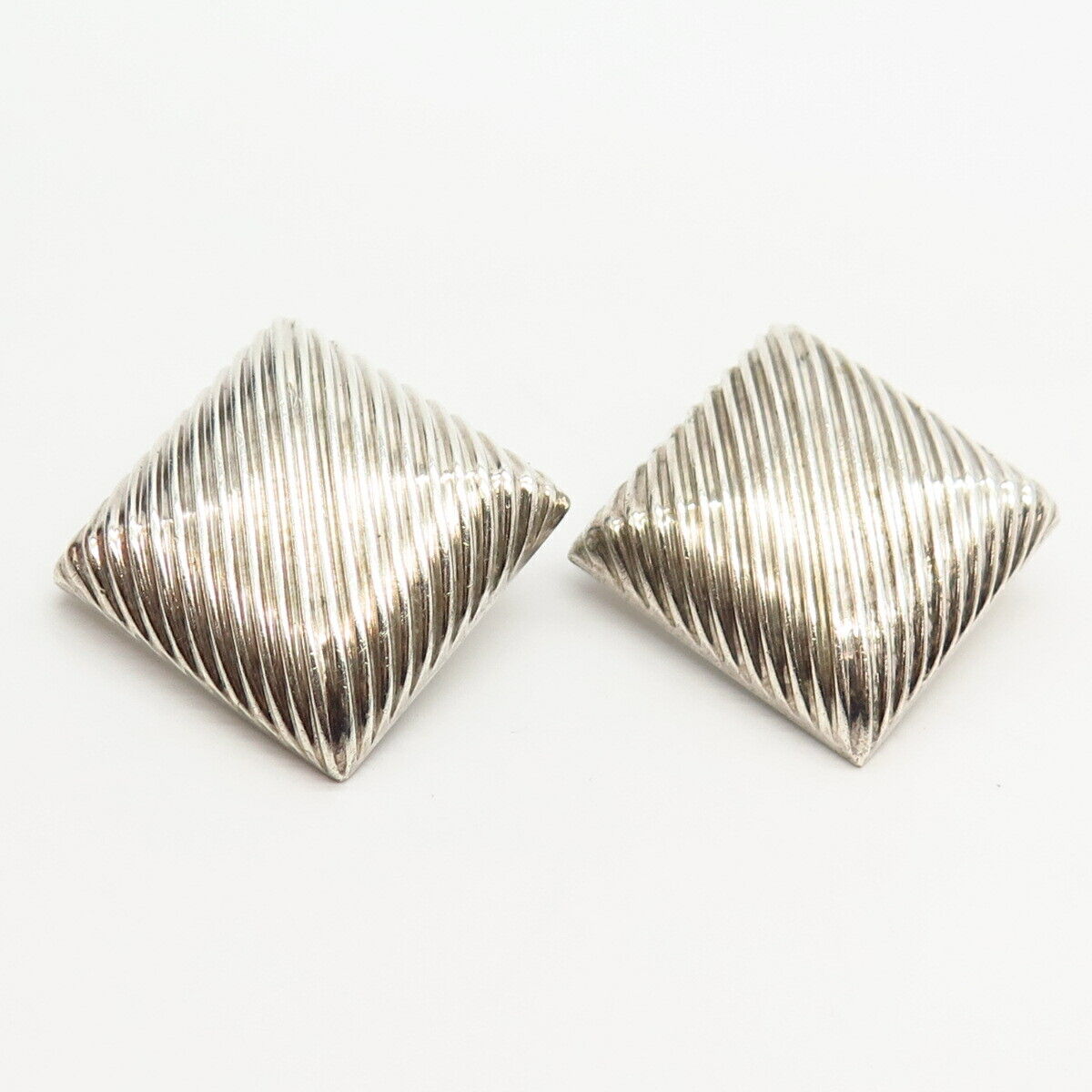 925 Sterling Silver Vintage Mexico Stripped Square Design Clip On Earrings