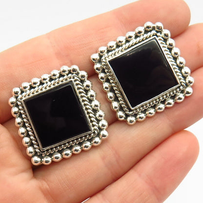 925 Sterling Silver Vintage Mexico Real Large Black Onyx Gem Bead Earrings