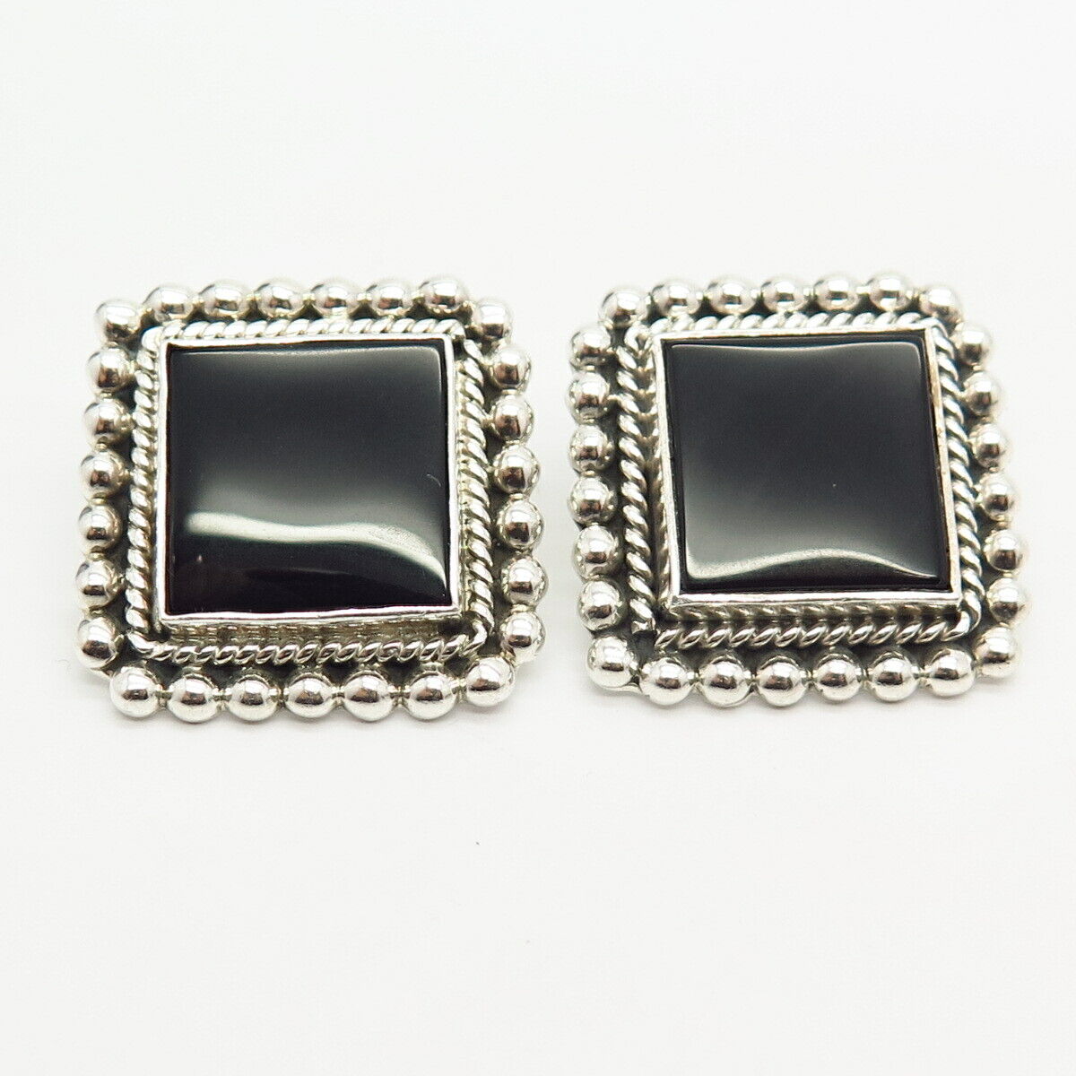 925 Sterling Silver Vintage Mexico Real Large Black Onyx Gem Bead Earrings