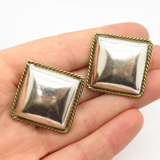 925 Sterling Silver 2-Tone Vintage Mexico Hollow Domed Square Clip On Earrings