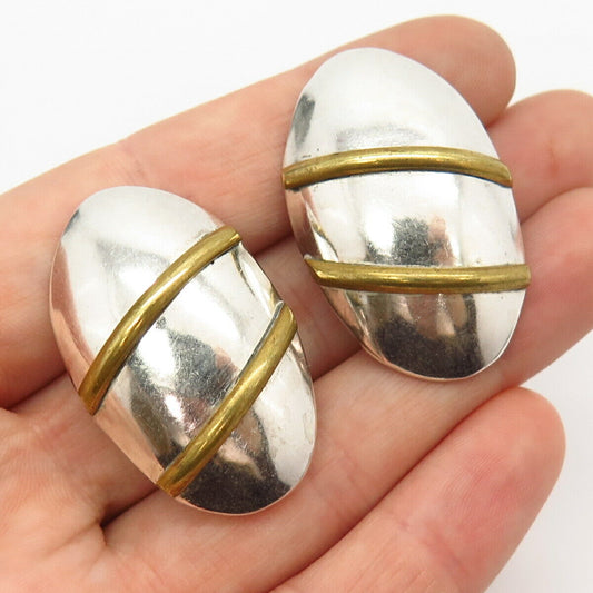 925 Sterling Silver 2-Tone Vintage Mexico Hollow Oval Clip On Earrings