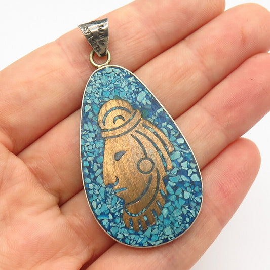 925 Sterling Silver 2-Tone Vintage Mexico Turquoise Gem Inlay Tribal Pendant